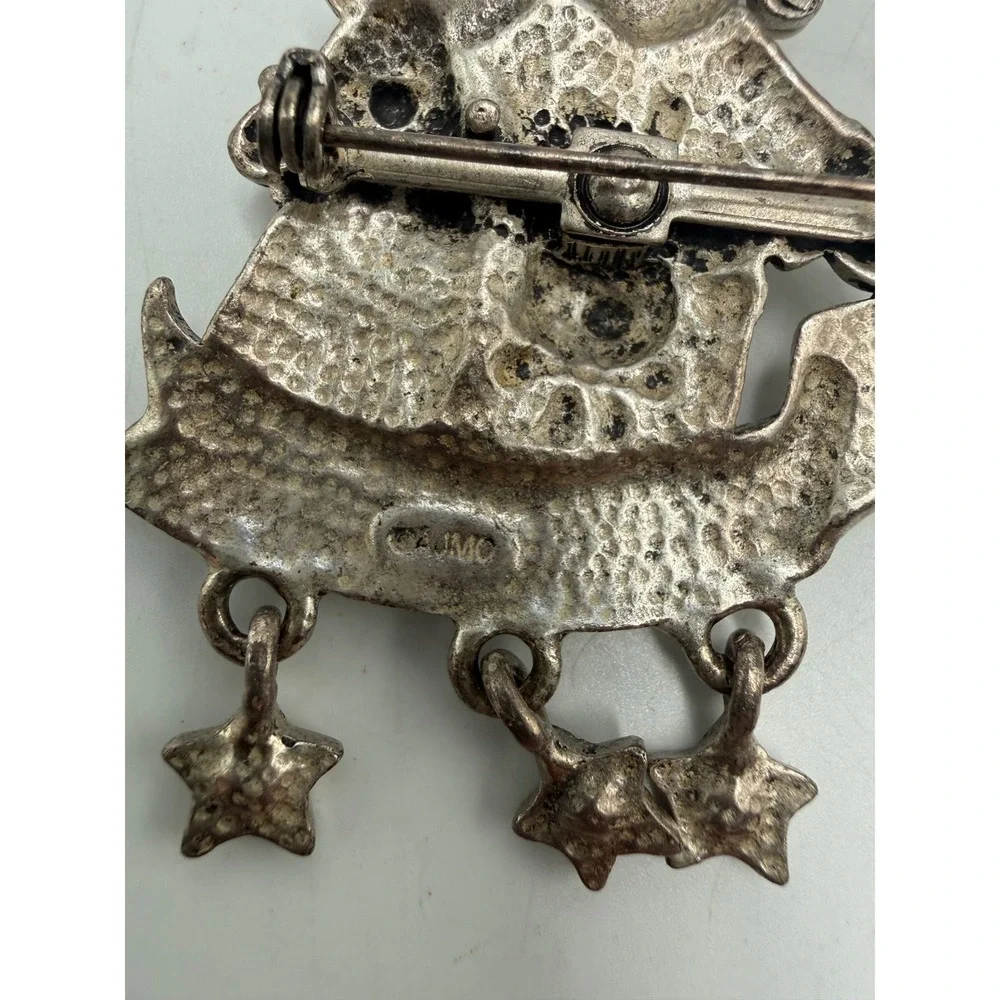 AJMC Santa Reindeer Christmas Brooch Pin Silver Tone Good Friends Banner Stars
